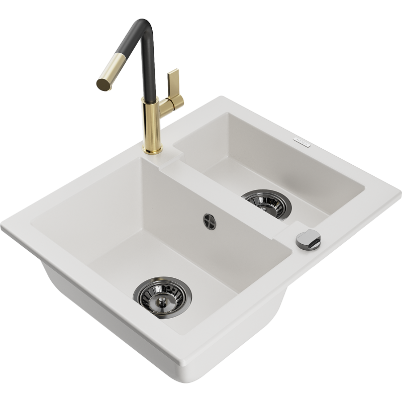Mexen Carlos fregadero de granito de 1,5 cubetas con grifo de cocina Flora, blanco - 6518-20-670401-57-B