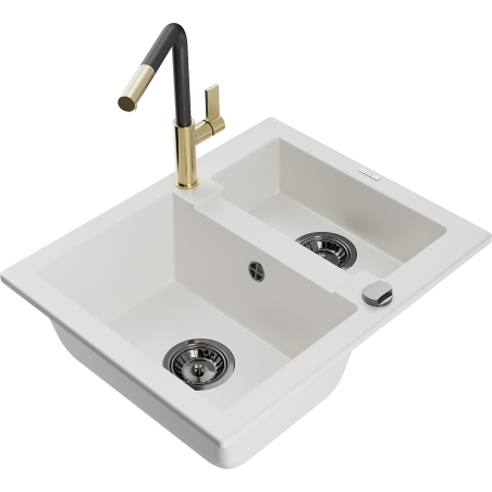 Mexen Carlos granieten gootsteen 1,5-kamer met keukenkraan Flora, wit - 6518-20-670401-57-B