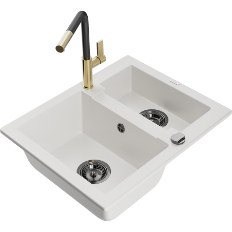 Mexen Carlos granitdiskbänk 1,5-fack med köksblandare Flora, vit - 6518-20-670401-57-B