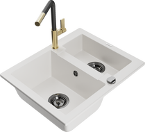 Mexen Carlos 1.5-bowl Granite Sink with Flora Kitchen Faucet, White - 6518-20-670401-57-B