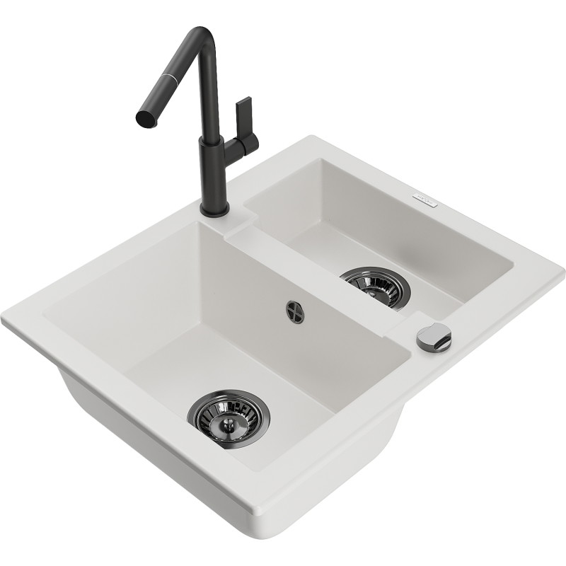 Mexen Carlos fregadero de granito de 1,5 compartimentos con grifo de cocina Flora, blanco - 6518-20-670401-70-B