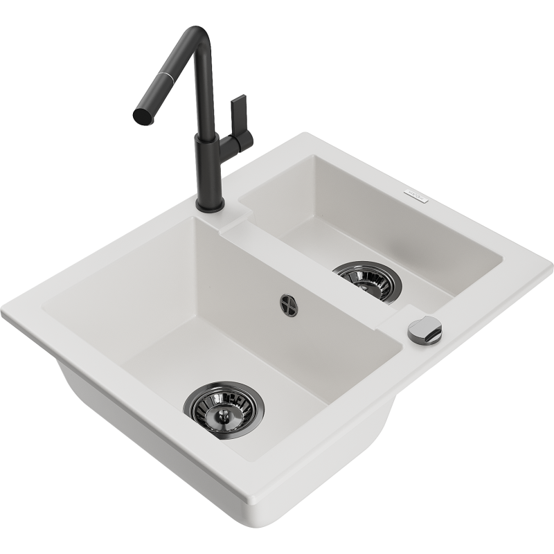 Mexen Carlos granīta izlietne ar 1,5 nodalījumiem un virtuves krānu Flora, balta - 6518-20-670401-70-B