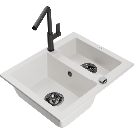 Mexen Carlos granite sink 1.5-bowl with Flora kitchen faucet, white - 6518-20-670401-70-B