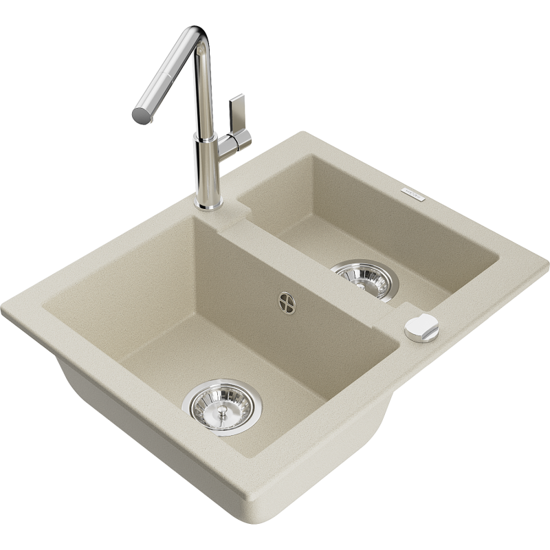 Mexen Carlos évier en granit 1,5 bac avec robinet de cuisine Flora, beige - 6518-69-670401-00