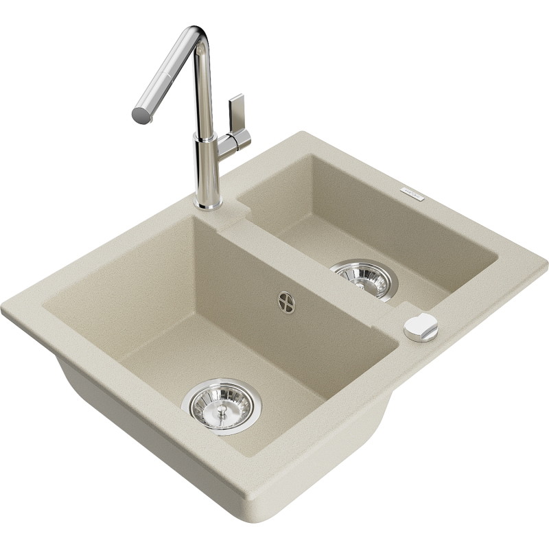 Mexen Carlos granit gootsteen 1,5-kamer met keukenkraan Flora, beige - 6518-69-670401-00