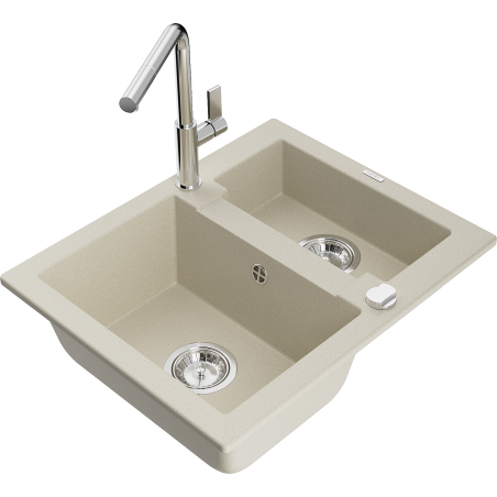 Mexen Carlos granieten gootsteen 1,5-kamer met keukenmengkraan Flora, beige - 6518-69-670401-00