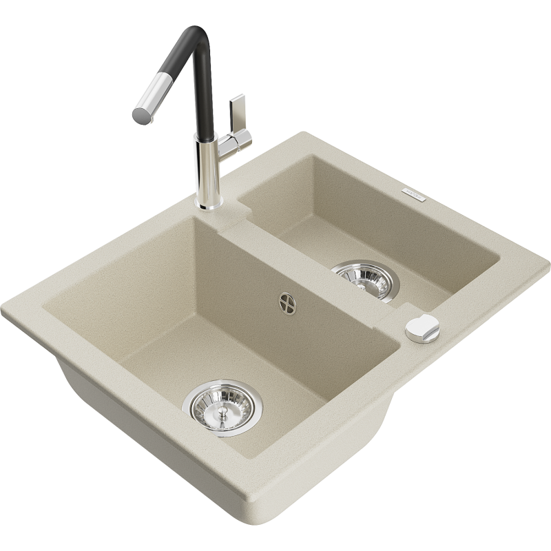 Mexen Carlos granite kitchen sink 1.5-bowl with Flora kitchen tap, beige - 6518-69-670401-07