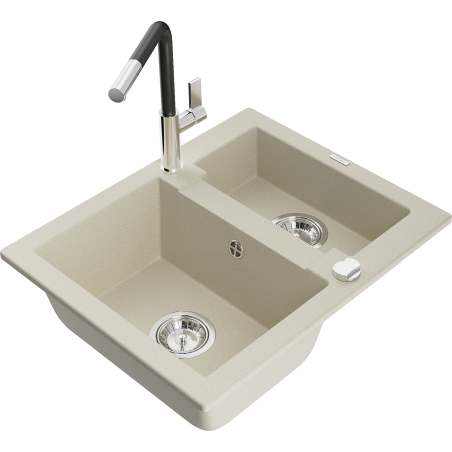 Mexen Carlos granite kitchen sink 1.5-bowl with Flora kitchen tap, beige - 6518-69-670401-07