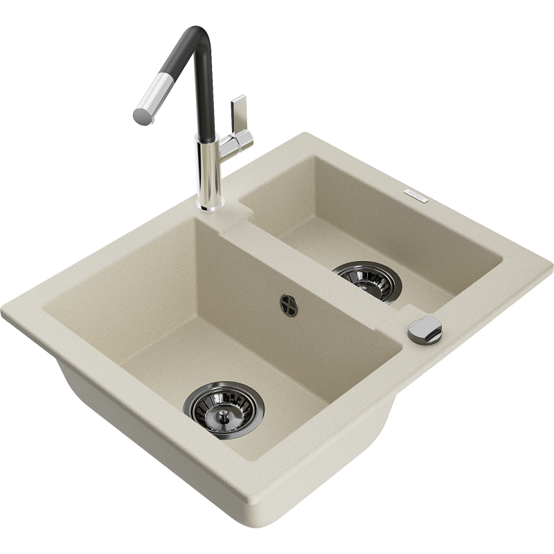Mexen Carlos fregadero de granito de 1,5 senos con grifo de cocina Flora, beige - 6518-69-670401-07-B
