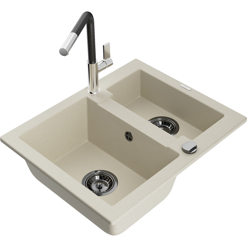 Mexen Carlos Granitspüle 1,5-Fach mit Küchenarmatur Flora, beige - 6518-69-670401-07-B