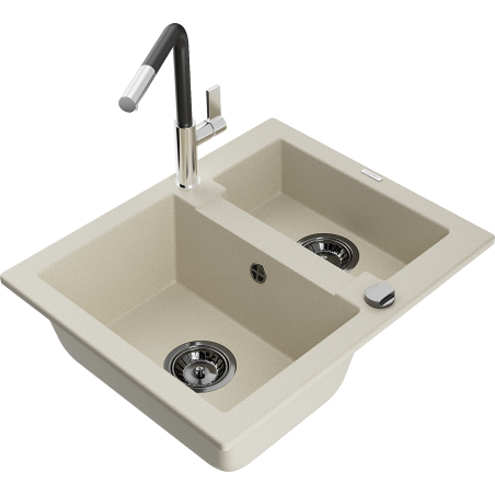 Mexen Carlos fregadero de granito de 1.5 cubetas con grifo de cocina Flora, beige - 6518-69-670401-07-B