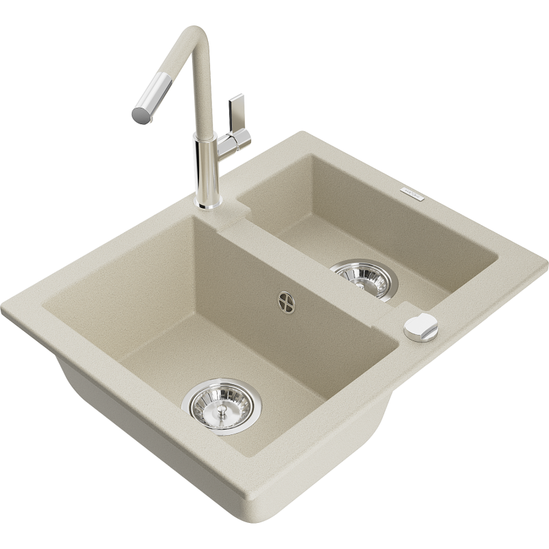 Mexen Carlos granite sink 1.5-bowl with Flora kitchen tap, beige - 6518-69-670401-09