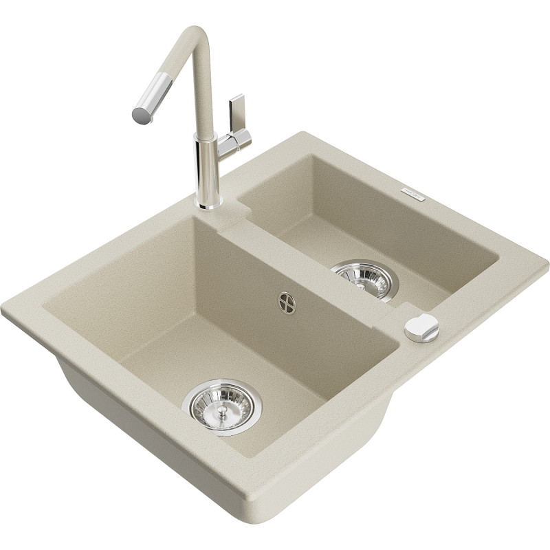 Mexen Carlos Granitspüle 1,5-beckig mit Küchenarmatur Flora, beige - 6518-69-670401-09