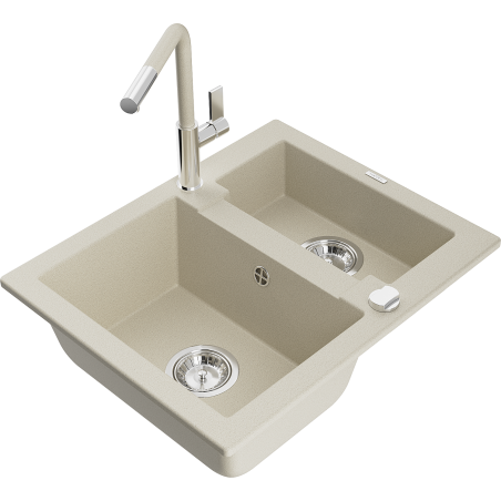 Mexen Carlos granite sink 1.5-bowl with Flora kitchen tap, beige - 6518-69-670401-09
