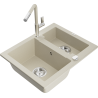 Mexen Carlos granite sink 1.5-bowl with Flora kitchen tap, beige - 6518-69-670401-09