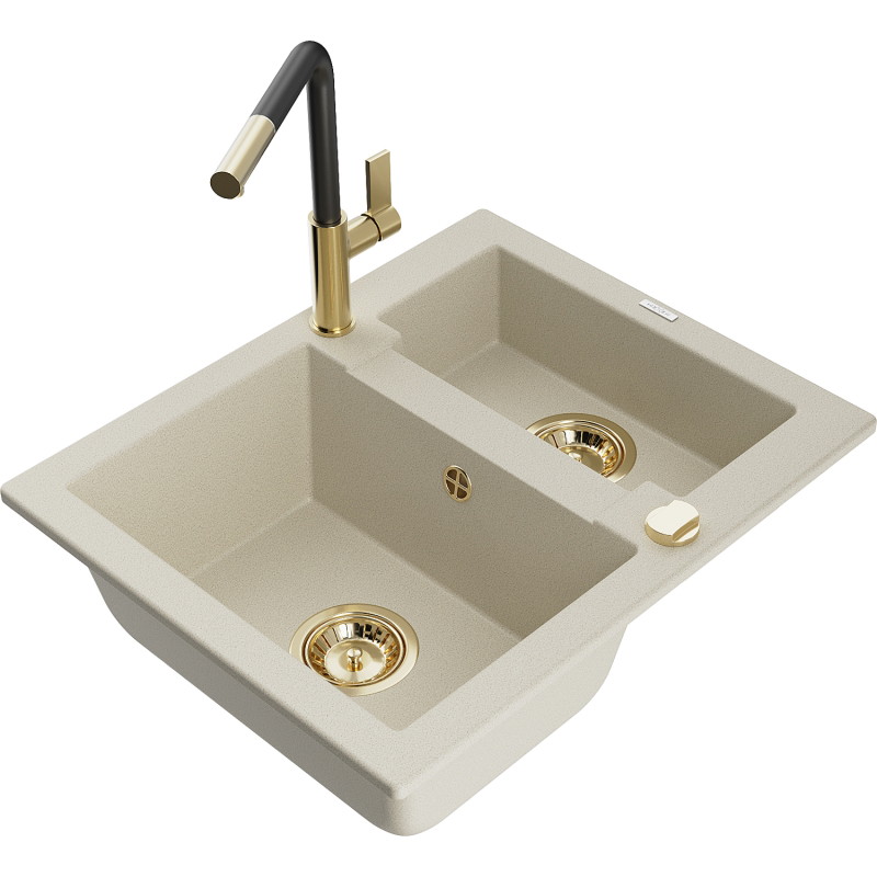 Mexen Carlos Granitspüle 1,5-beckig mit Küchenarmatur Flora, beige - 6518-69-670401-57-G
