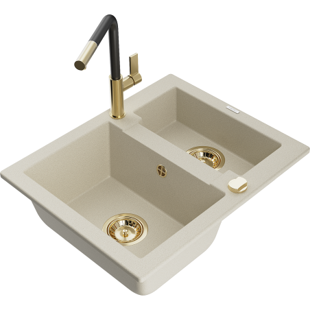 Mexen Carlos Granite 1.5-Bowl Sink with Flora Kitchen Tap, Beige - 6518-69-670401-57-G