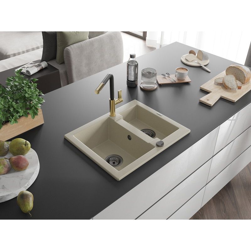 Mexen Carlos Granitspüle 1,5-Becken mit Küchenarmatur Flora, beige - 6518-69-670401-57-B