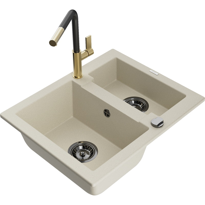Mexen Carlos fregadero de granito de 1,5 cubetas con grifo de cocina Flora, beige - 6518-69-670401-57-B
