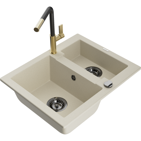 Mexen Carlos granitische spoelbak 1,5-komor met keukenmengkraan Flora, beige - 6518-69-670401-57-B