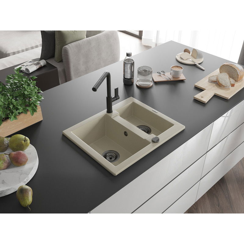 Mexen Carlos lavello da cucina in granito a 1,5 vasche con miscelatore Flora, beige - 6518-69-670401-70-B