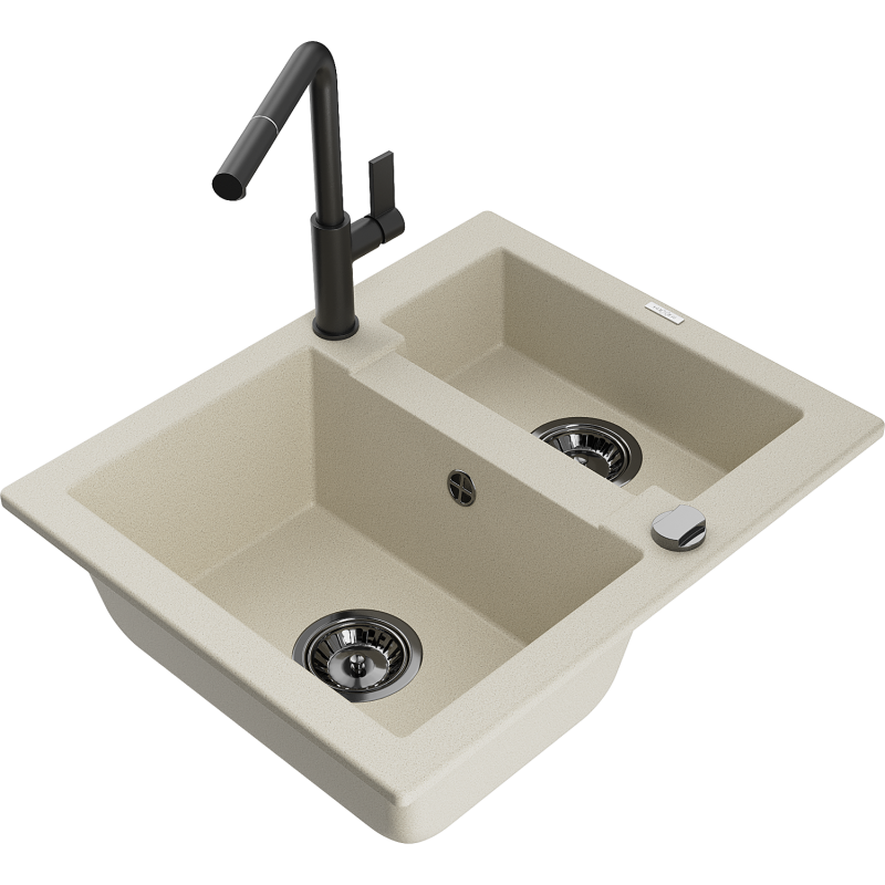 Mexen Carlos lava-loiça de granito 1,5-cuba com torneira de cozinha Flora, bege - 6518-69-670401-70-B