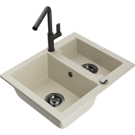 Mexen Carlos granieten spoelbak 1,5-komor met keukenkraan Flora, beige - 6518-69-670401-70-B