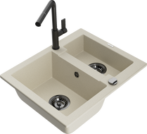 Mexen Carlos granite sink 1.5-bowl with Flora kitchen faucet, beige - 6518-69-670401-70-B