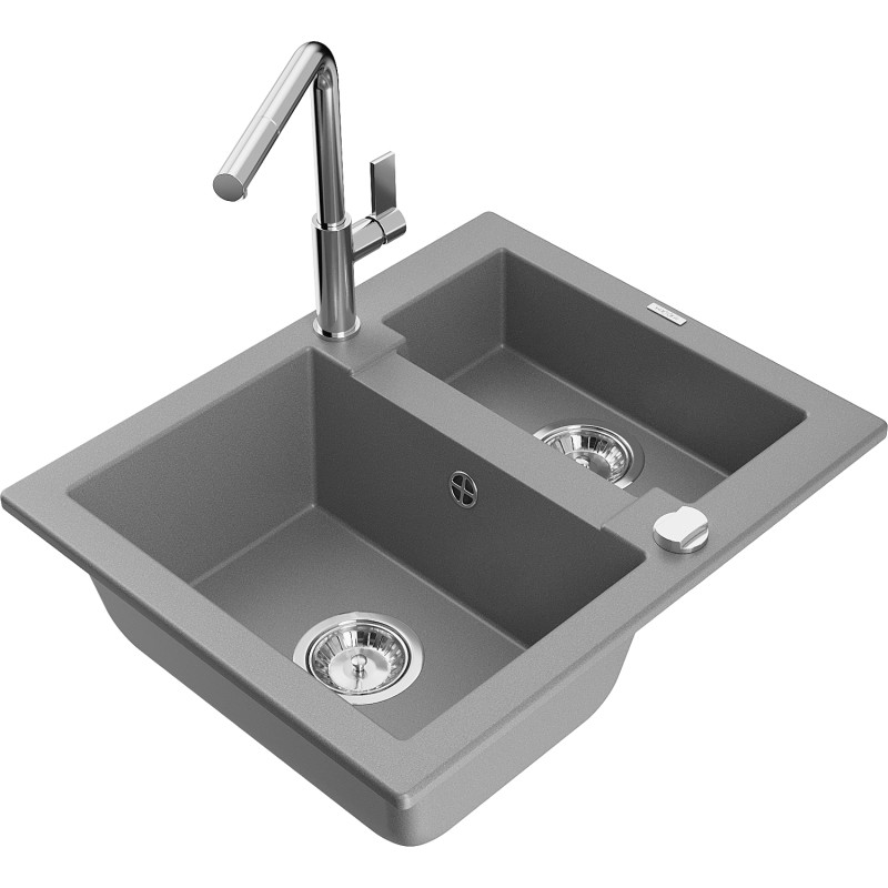 Mexen Carlos fregadero de granito de 1,5 compartimentos con grifo de cocina Flora, gris - 6518-71-670401-00