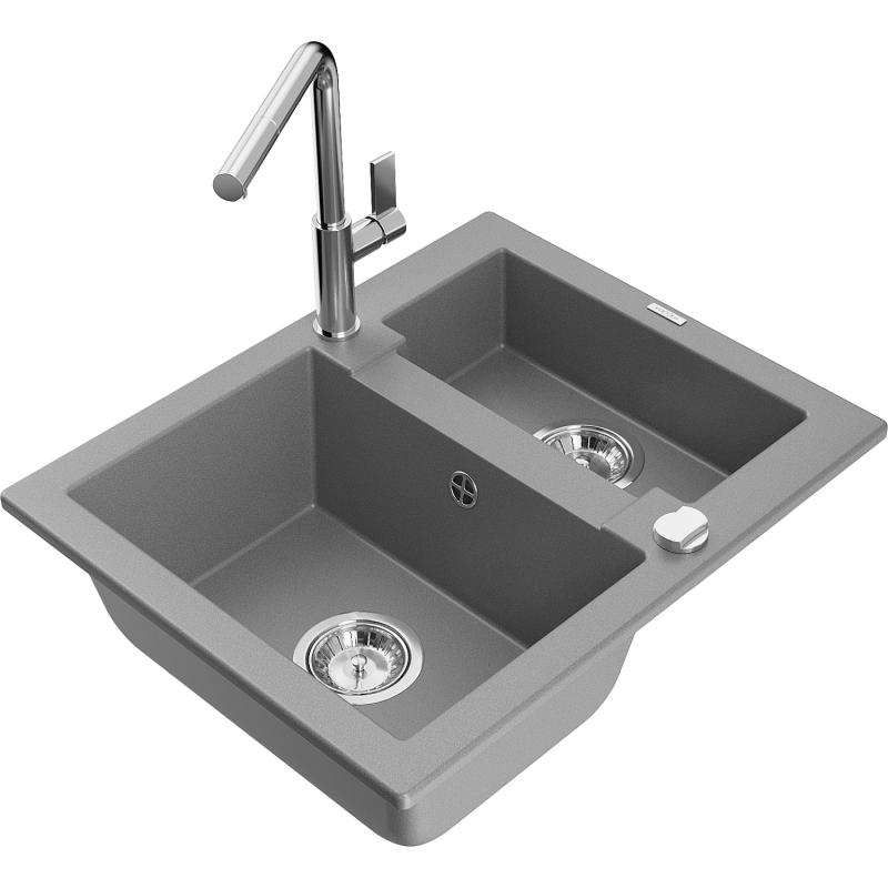 Mexen Carlos granite sink 1.5-bowl with Flora kitchen tap, grey - 6518-71-670401-00