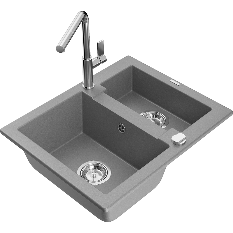 Mexen Carlos lava-loiça de granito 1,5 cuba com torneira de cozinha Flora, cinza - 6518-71-670401-00