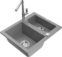 Mexen Carlos granite sink 1.5-bowl with Flora kitchen tap, grey - 6518-71-670401-00