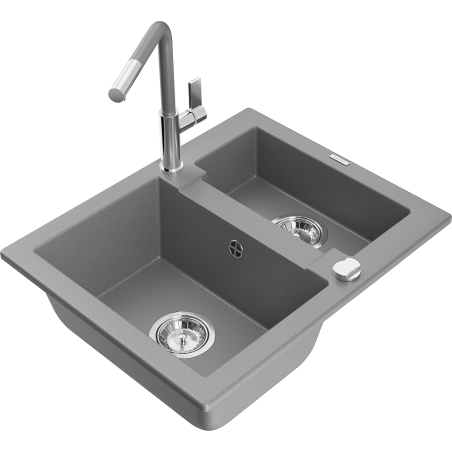 Mexen Carlos 1.5-bowl granite sink with Flora kitchen faucet, gray - 6518-71-670401-06