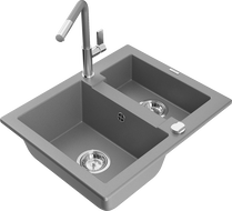 Mexen Carlos granite sink 1.5-bowl with Flora kitchen tap, grey - 6518-71-670401-06