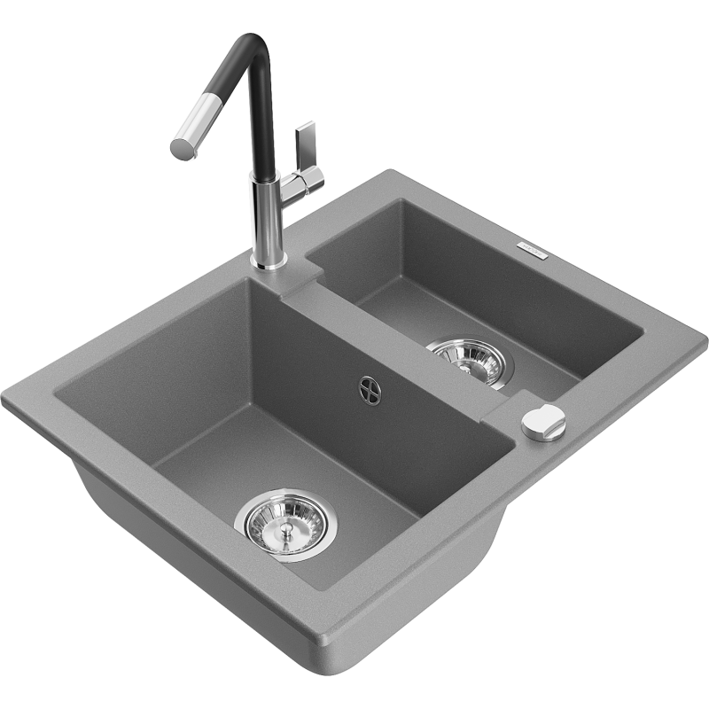 Mexen Carlos lava-louça de granito 1,5-câmara com torneira de cozinha Flora, cinza - 6518-71-670401-07