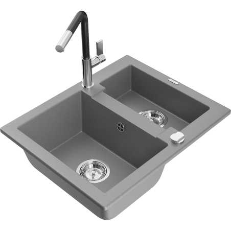 Mexen Carlos granīta izlietne ar 1,5 kameru un virtuves jaucējkrānu Flora, pelēka - 6518-71-670401-07