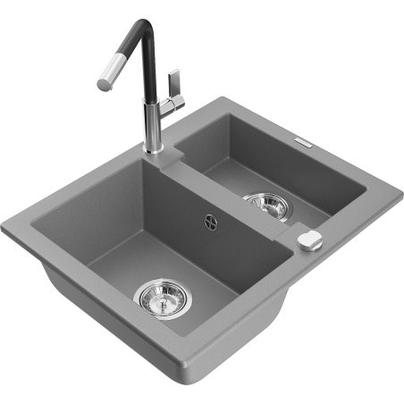 Mexen Carlos granite sink 1.5-bowl with Flora kitchen faucet, gray - 6518-71-670401-07