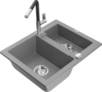 Mexen Carlos granite sink 1.5-bowl with Flora kitchen faucet, gray - 6518-71-670401-07
