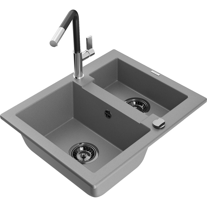 Mexen Carlos 1,5-Kammer-Granitzle sink mit Küchenarmatur Flora, grau - 6518-71-670401-07-B