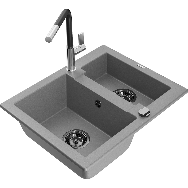 Mexen Carlos évier en granit 1,5 bac avec robinet de cuisine Flora, gris - 6518-71-670401-07-B