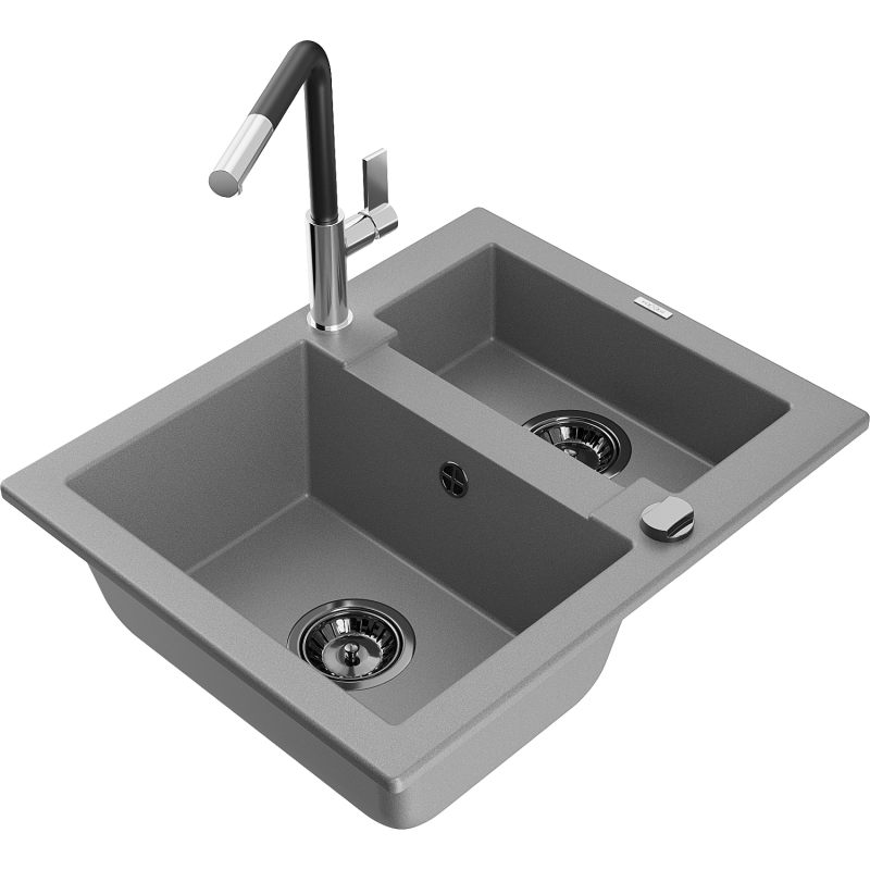 Mexen Carlos granite sink 1.5-bowl with Flora kitchen tap, grey - 6518-71-670401-07-B