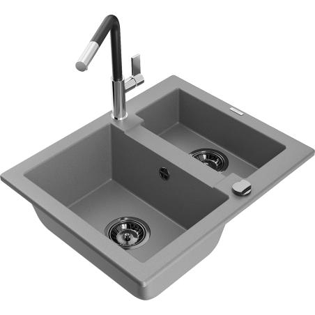 Mexen Carlos granite sink 1.5-bowl with Flora kitchen tap, grey - 6518-71-670401-07-B