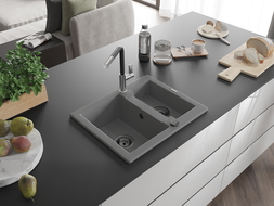 Mexen Carlos granite sink 1.5-bowl with Flora kitchen tap, grey - 6518-71-670401-07-B