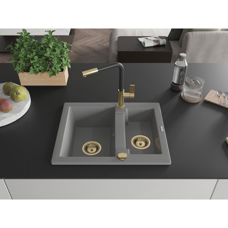 Mexen Carlos granite sink 1.5-bowl with Flora kitchen tap, grey - 6518-71-670401-57-G