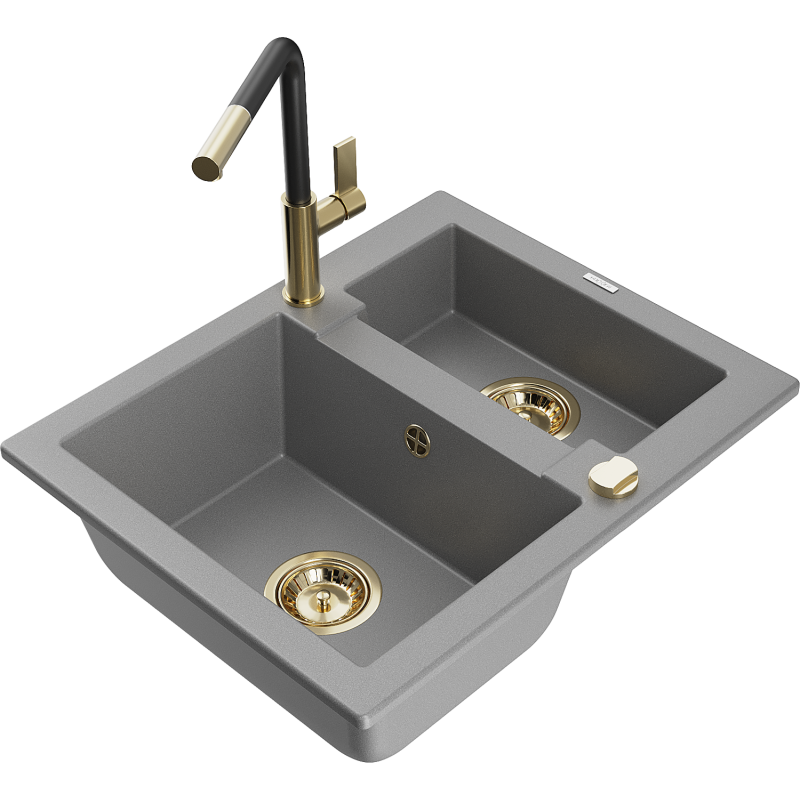 Mexen Carlos fregadero de granito de 1,5 senos con grifo de cocina Flora, gris - 6518-71-670401-57-G