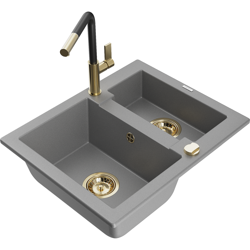 Mexen Carlos granite sink 1.5-bowl with Flora kitchen tap, grey - 6518-71-670401-57-G