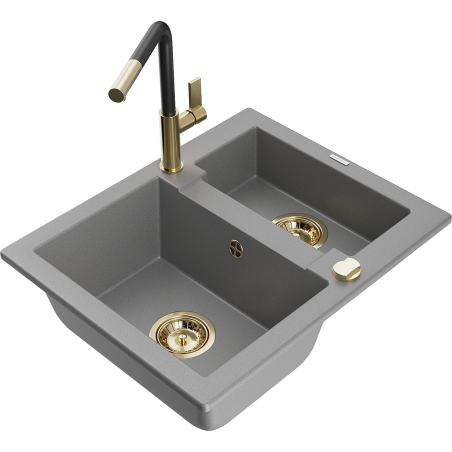 Mexen Carlos granite sink 1.5-bowl with Flora kitchen tap, grey - 6518-71-670401-57-G