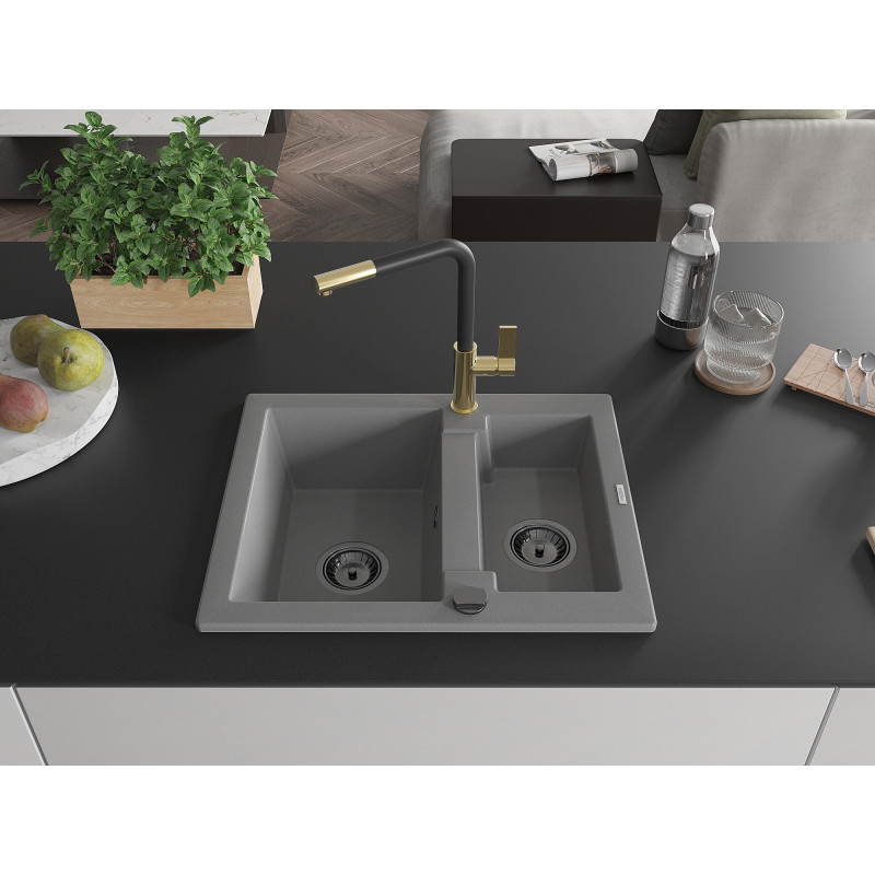 Mexen Carlos fregadero de granito de 1,5 senos con grifo de cocina Flora, gris - 6518-71-670401-57-B