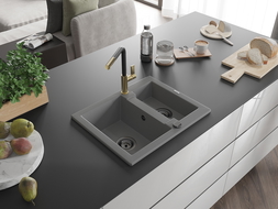 Mexen Carlos granite sink 1.5-bowl with Flora kitchen tap, grey - 6518-71-670401-57-B