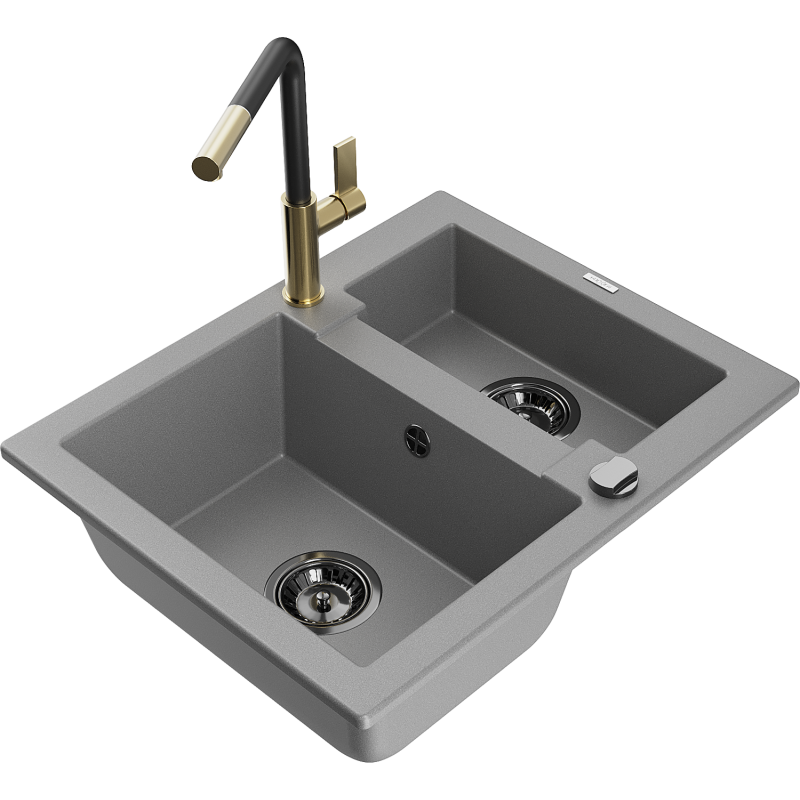 Mexen Carlos évier en granit 1,5 bac avec robinet de cuisine Flora, gris - 6518-71-670401-57-B